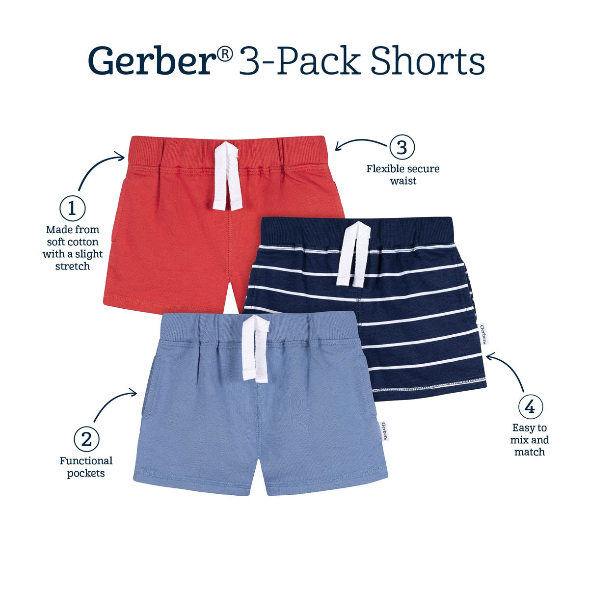 3-Pack Baby & Toddler Boys Blue & Red Knit Shorts bottoms Gerber® 