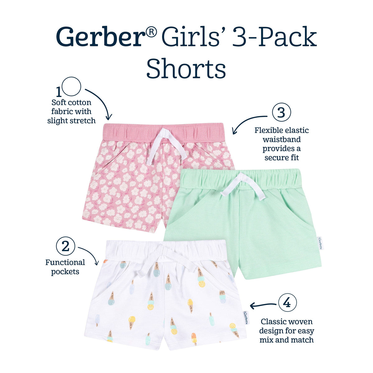 3-Piece Baby & Toddler Girls Ice Cream Knit Shorts bottoms Gerber® 