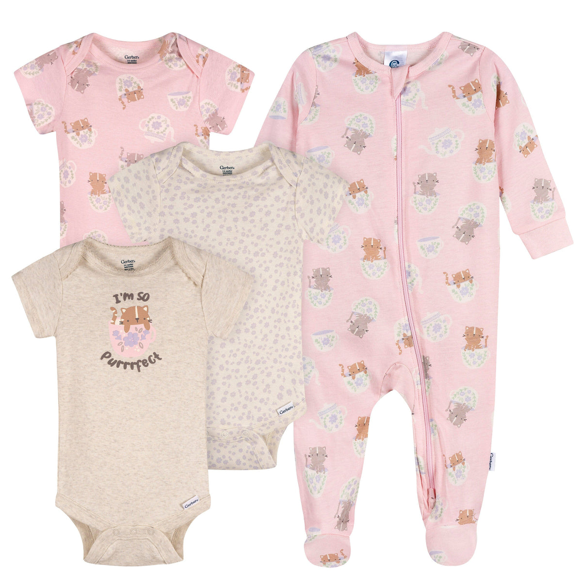 4-Pack Baby Girls Teacup Kittens Onesies® Bodysuits and Sleep 'N Play outfits Gerber® 