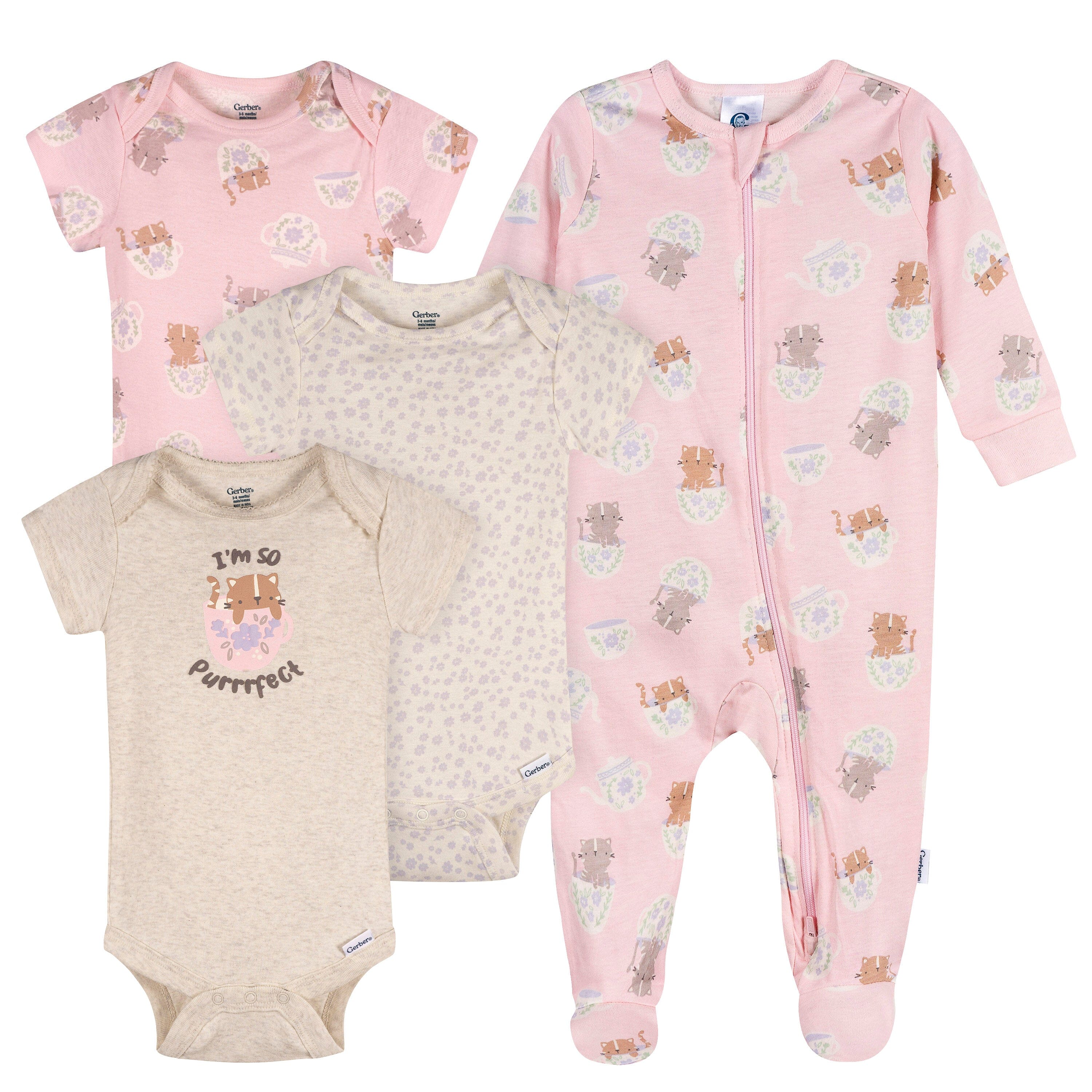 4-Pack Baby Girls Teacup Kittens Onesies® Bodysuits and Sleep 'N Play outfits Gerber® 