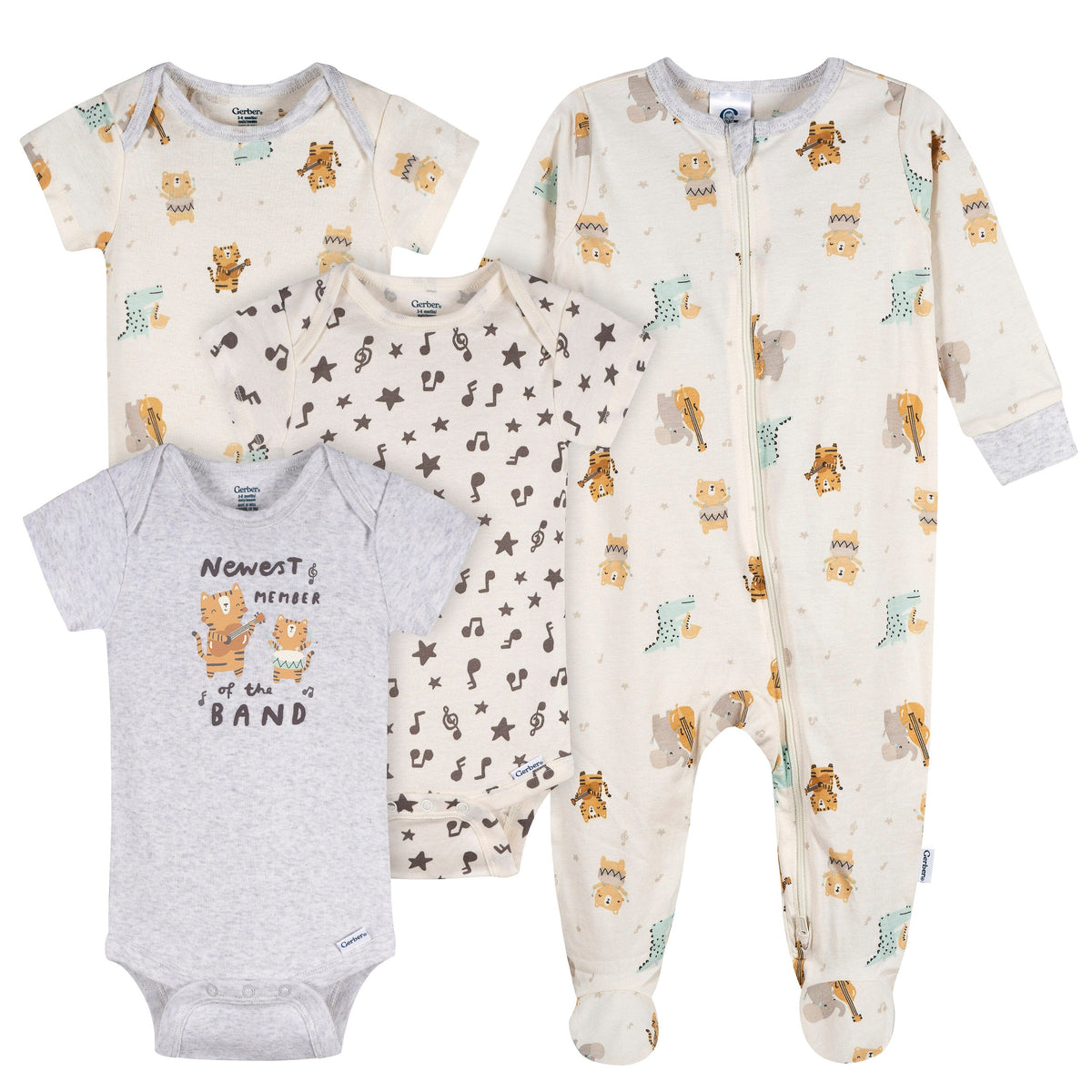 4-Pack Baby Neutral Musical Animals Onesies® Bodysuits and Sleep 'N Play outfits Gerber® 