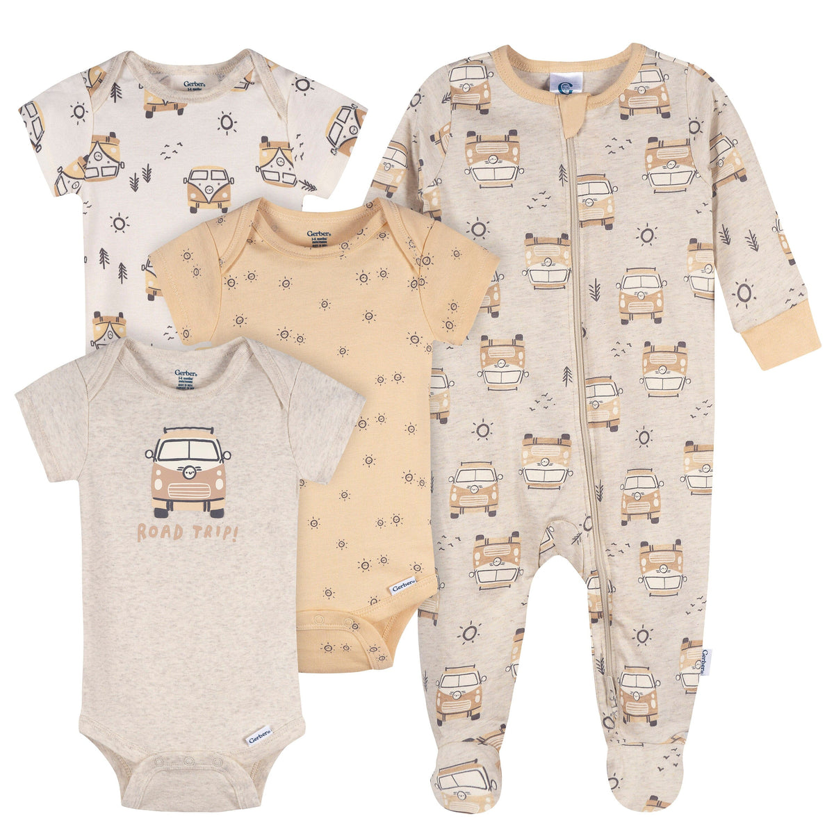 4-Pack Baby Neutral Road Trip Onesies® Bodysuits and Sleep 'N Play outfits Gerber® 