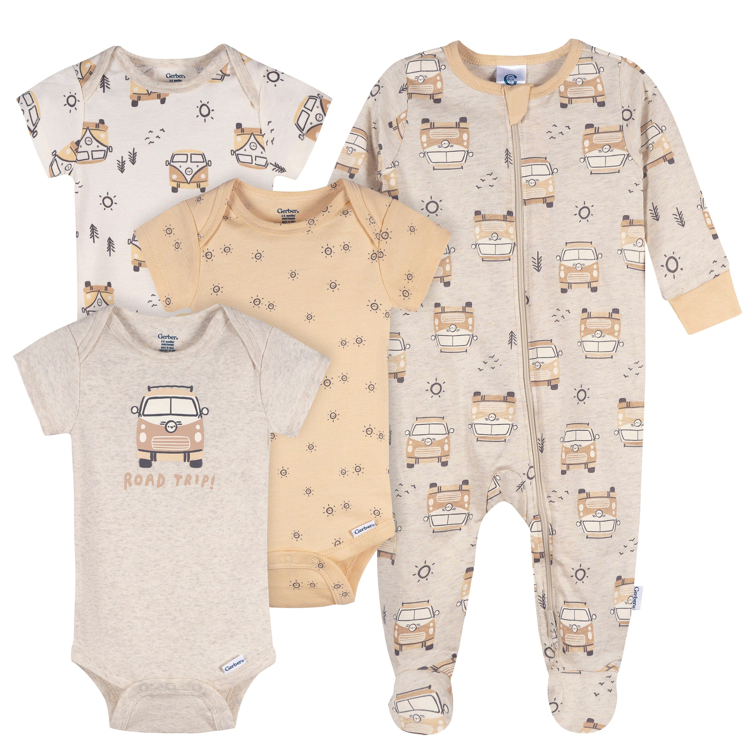 4-Pack Baby Neutral Road Trip Onesies® Bodysuits and Sleep 'N Play outfits Gerber® 