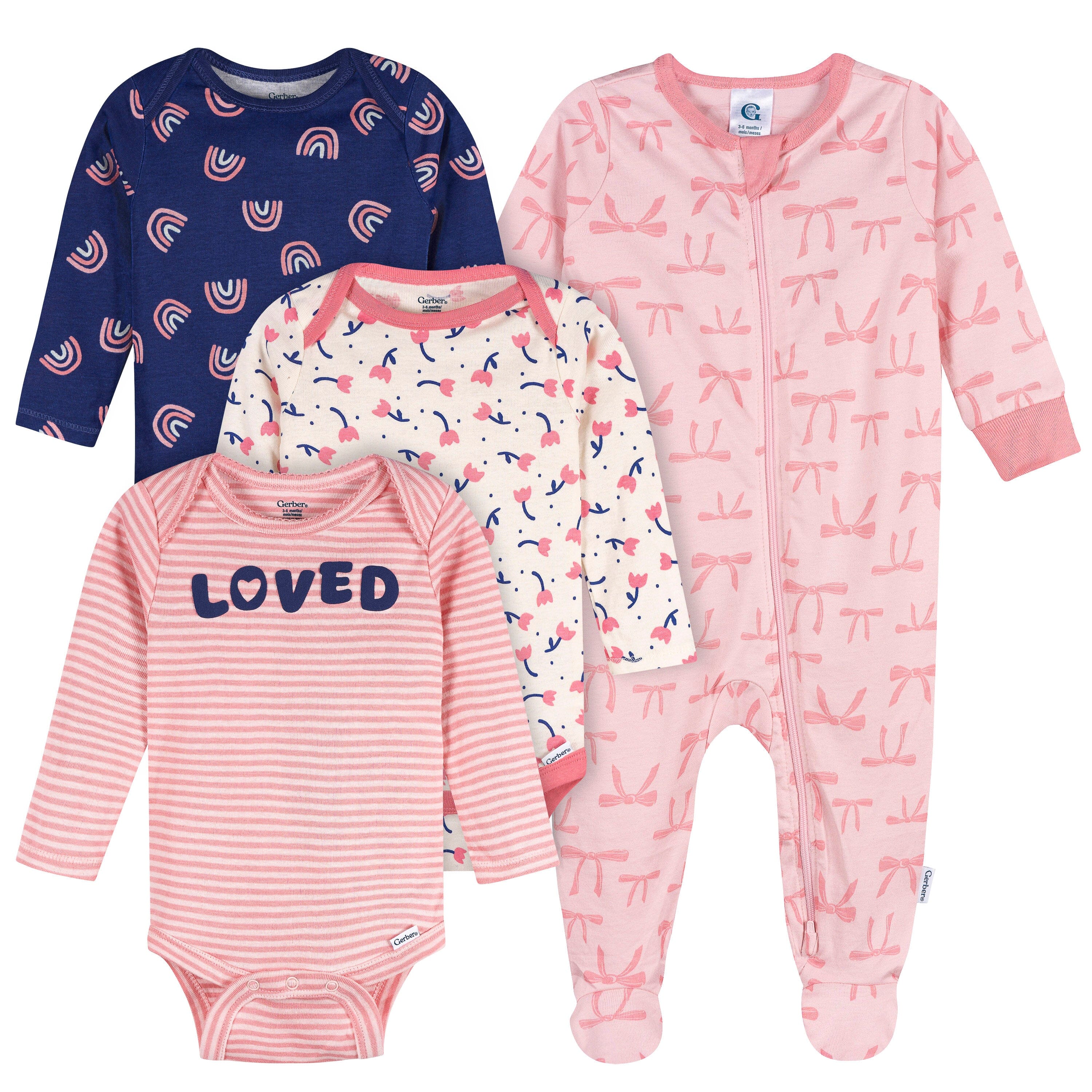 4-Pack Baby Girls Hearts & Dreams Long Sleeve Onesies® Bodysuits and Sleep 'N Play outfits Gerber® 