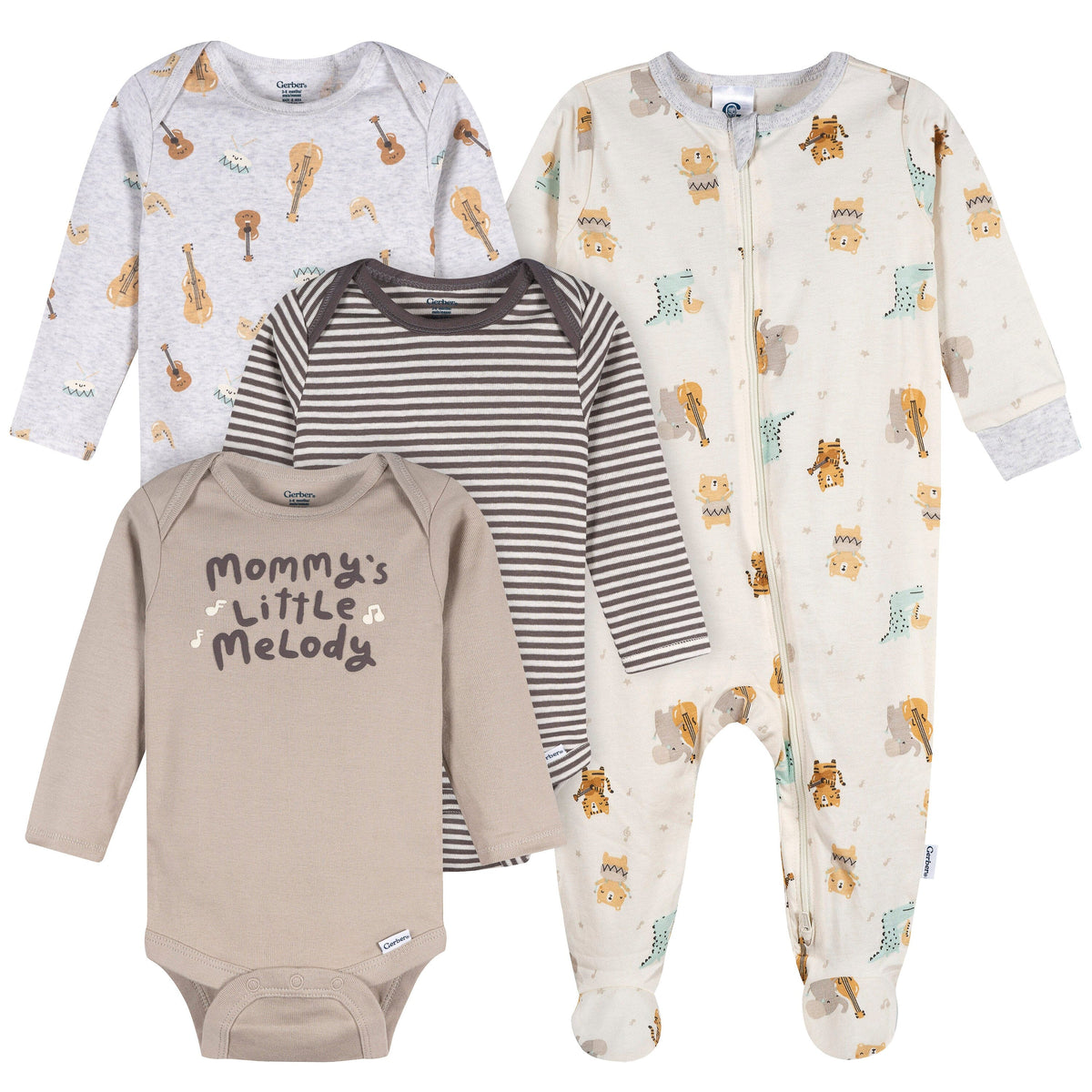 4-Pack Baby Neutral Musical Animals Long Sleeve Onesies® Bodysuits and Sleep 'N Play outfits Gerber® 