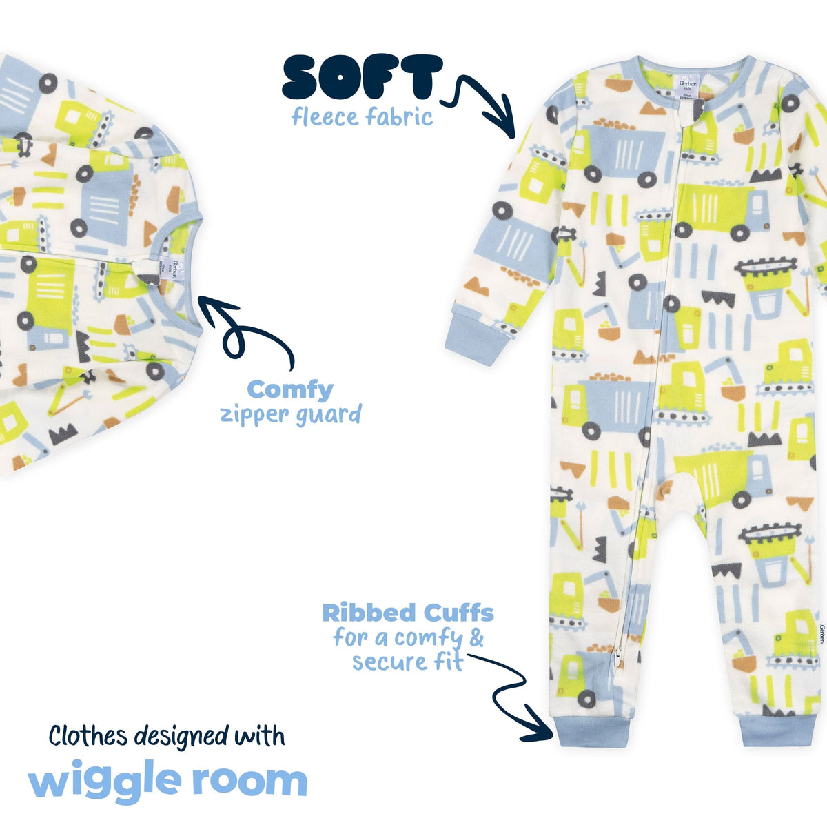 3-Pack Infant & Toddler Boys Trucks Footless Fleece Pajamas sleepwear Gerber® 