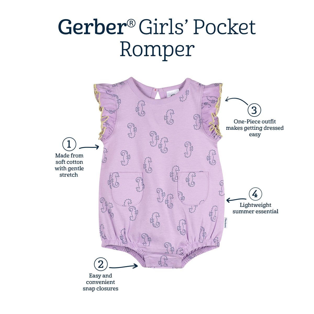 Baby Girls Purple Seahorses Pocket Romper rompers Gerber® 