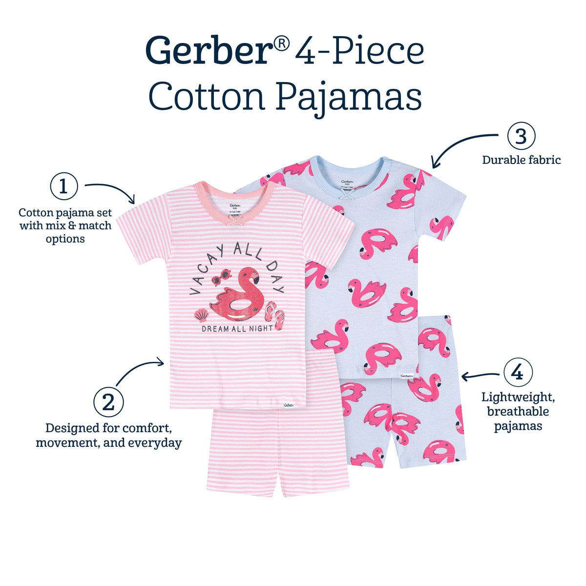 4-Piece Infant & Toddler Girls Flamingo Floatie Cotton Pajama Short Set sleepwear Gerber® 