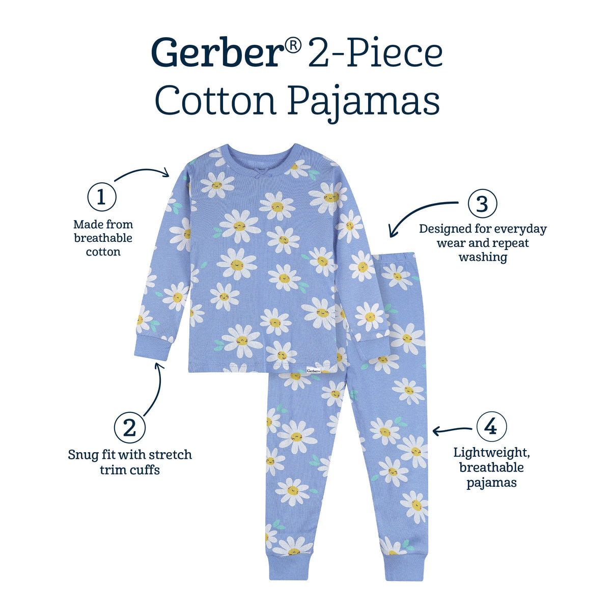 2-Piece Infant & Toddler Girls Blue Daisies Cotton Pajama Set sleepwear Gerber® 