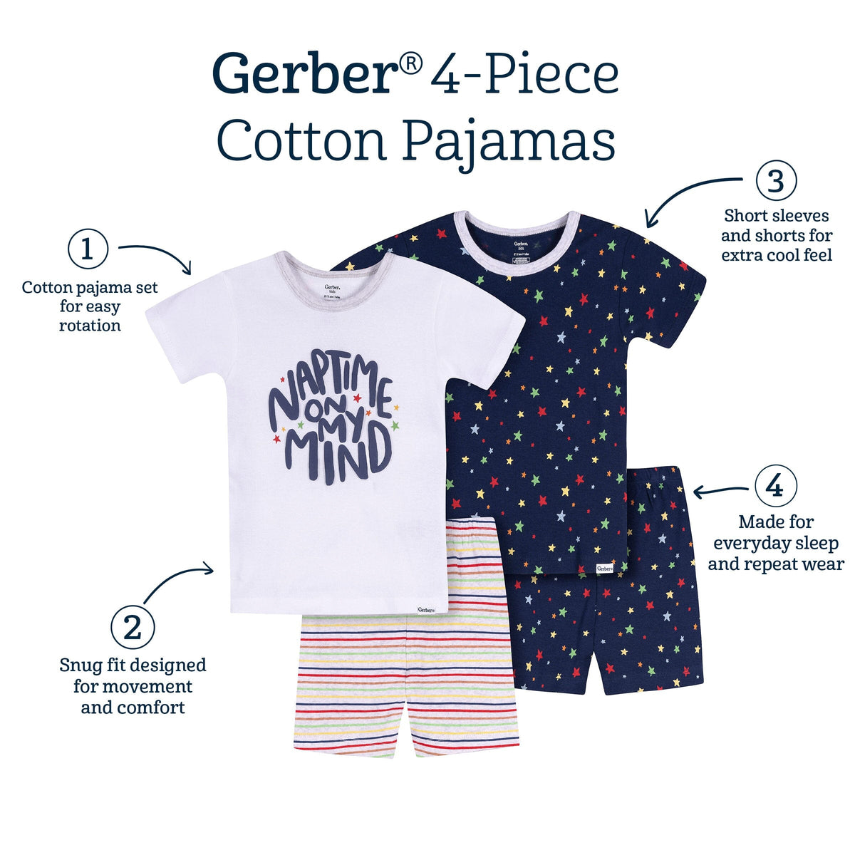 4-Piece Infant & Toddler Neutral Blue Naptime Cotton Pajama Short Set sleepwear Gerber® 