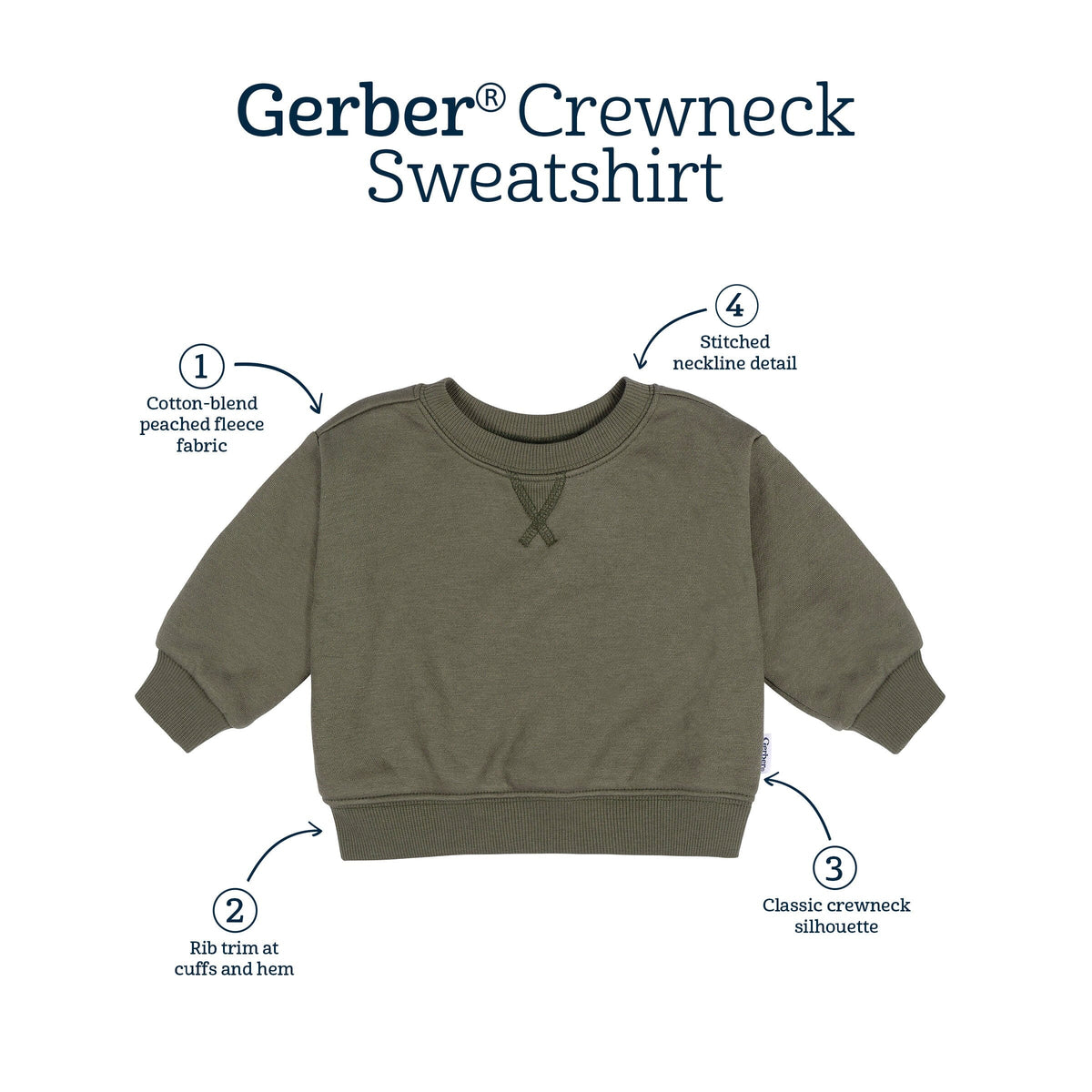 Embroidered Baby & Toddler Neutral Moss Green Crewneck Sweatshirt tops Gerber® 