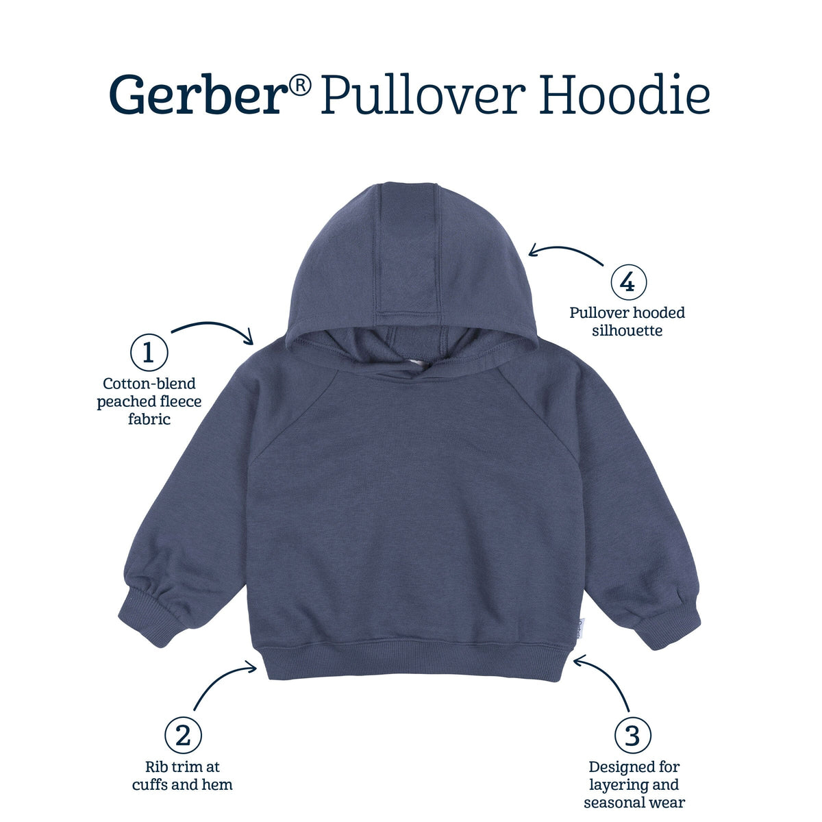 Embroidered Infant & Toddler Neutral Navy Pullover Hooded Sweatshirt tops Gerber® 
