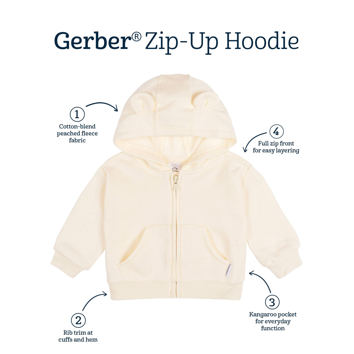 Embroidered Baby Neutral Soft Beige Zip Front Sweatshirt tops Gerber® 