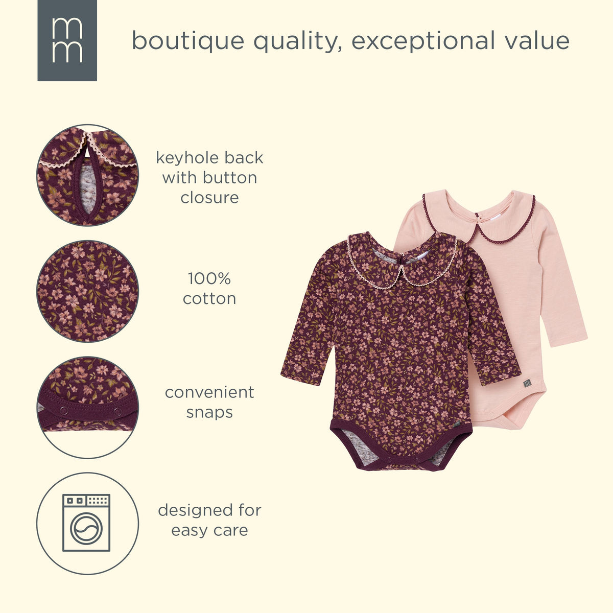 2-Pack Baby Girls Rose Peter Pan Collar Bodysuit onesies modern moments™ by Gerber® 