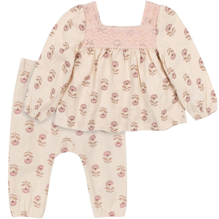 2-Piece Baby Girls Oatmeal Rose Crochet Top & Pant Set