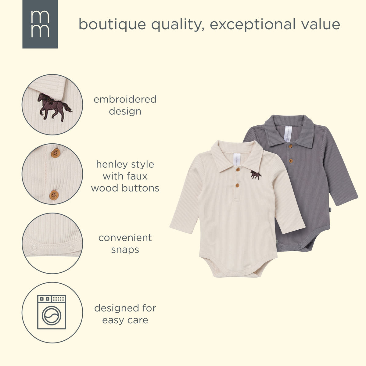 2-Pack Baby Boys Oatmeal/Pewter Polo Henley Bodysuit onesies modern moments™ by Gerber® 