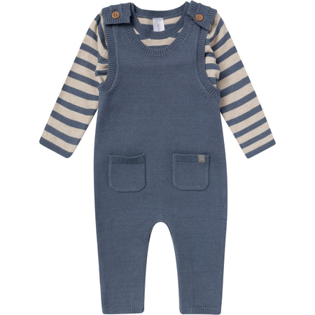 2-Piece Baby Boys Oatmeal-Dusty Blue Stripe Sweater Overall Set