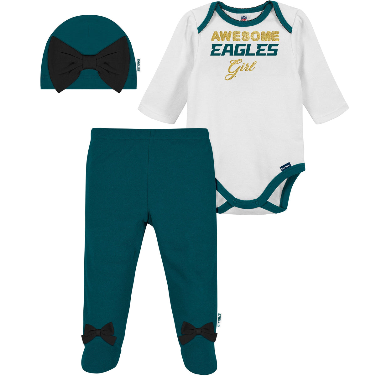 3-Piece Baby Girls Philadelphia Eagles Bodysuit, Pant, and Cap Set