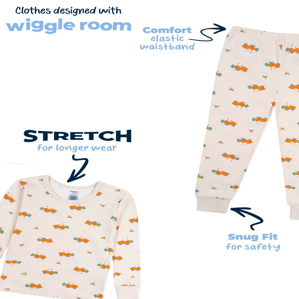 2-Piece Infant & Toddler Neutral Bunny Carrot Cars Cotton Pajamas Sleepwear Gerber® 