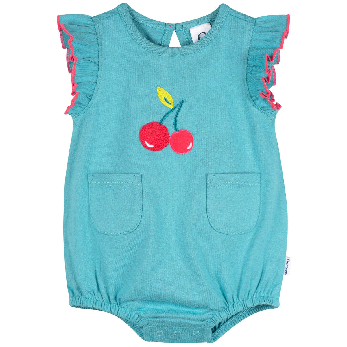 Baby Girls Aqua Cherries Pocket Romper rompers Gerber® 