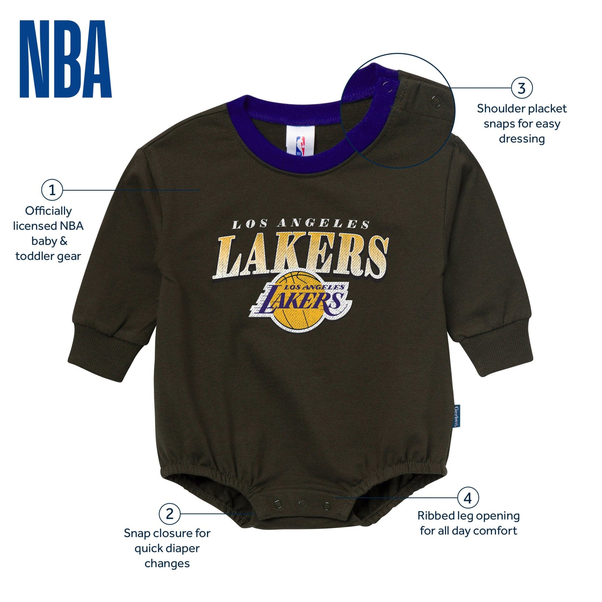 Baby Neutral Los Angeles Lakers Sweatshirt Bubble Romper Rompers Gerber® 