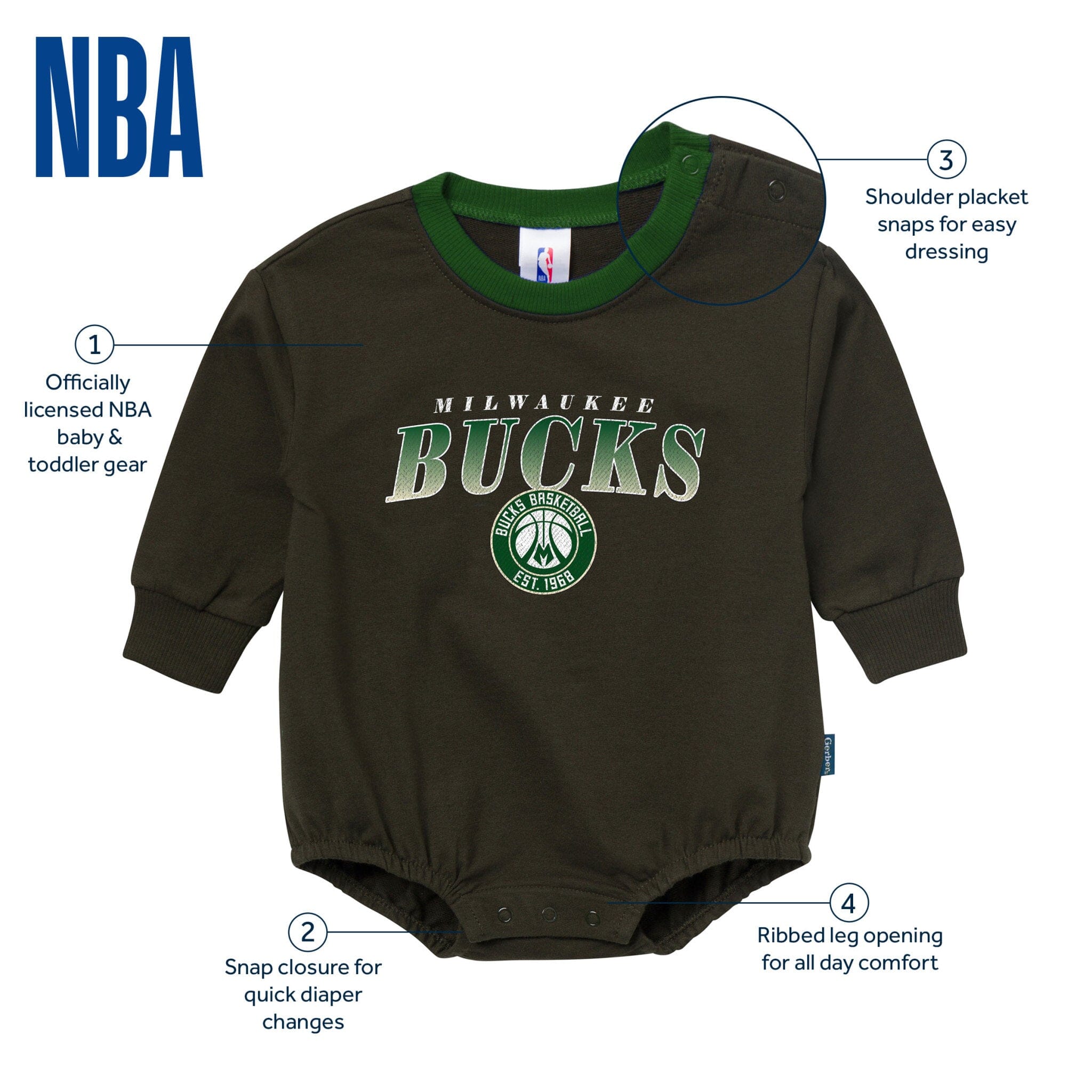 Baby Neutral Milwaukee Bucks Sweatshirt Bubble Romper Rompers Gerber® 
