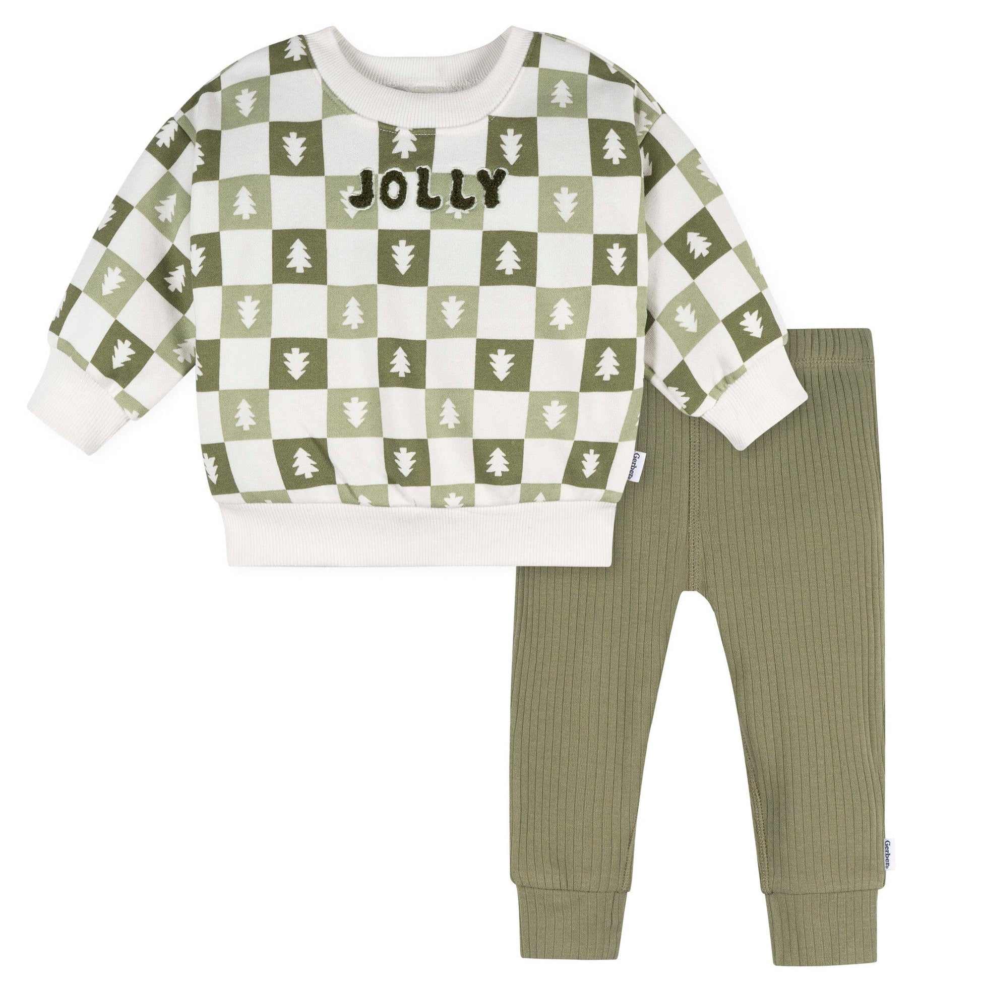 Children's outfit with checkered sweater and green pants on a white background