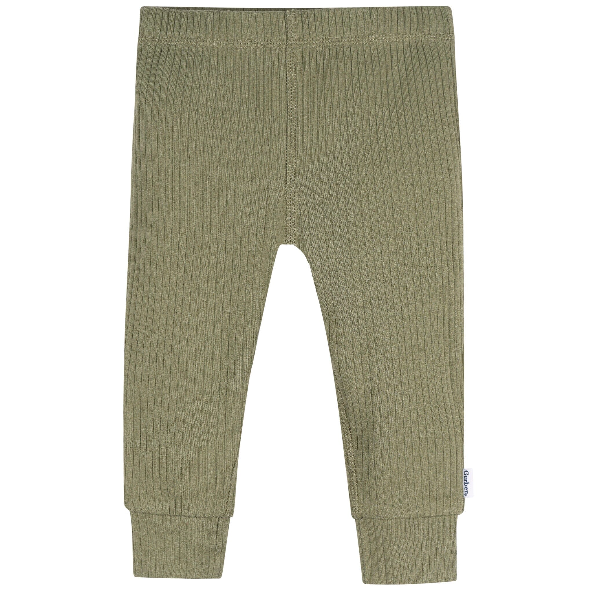 Green ribbed baby pants on a white background