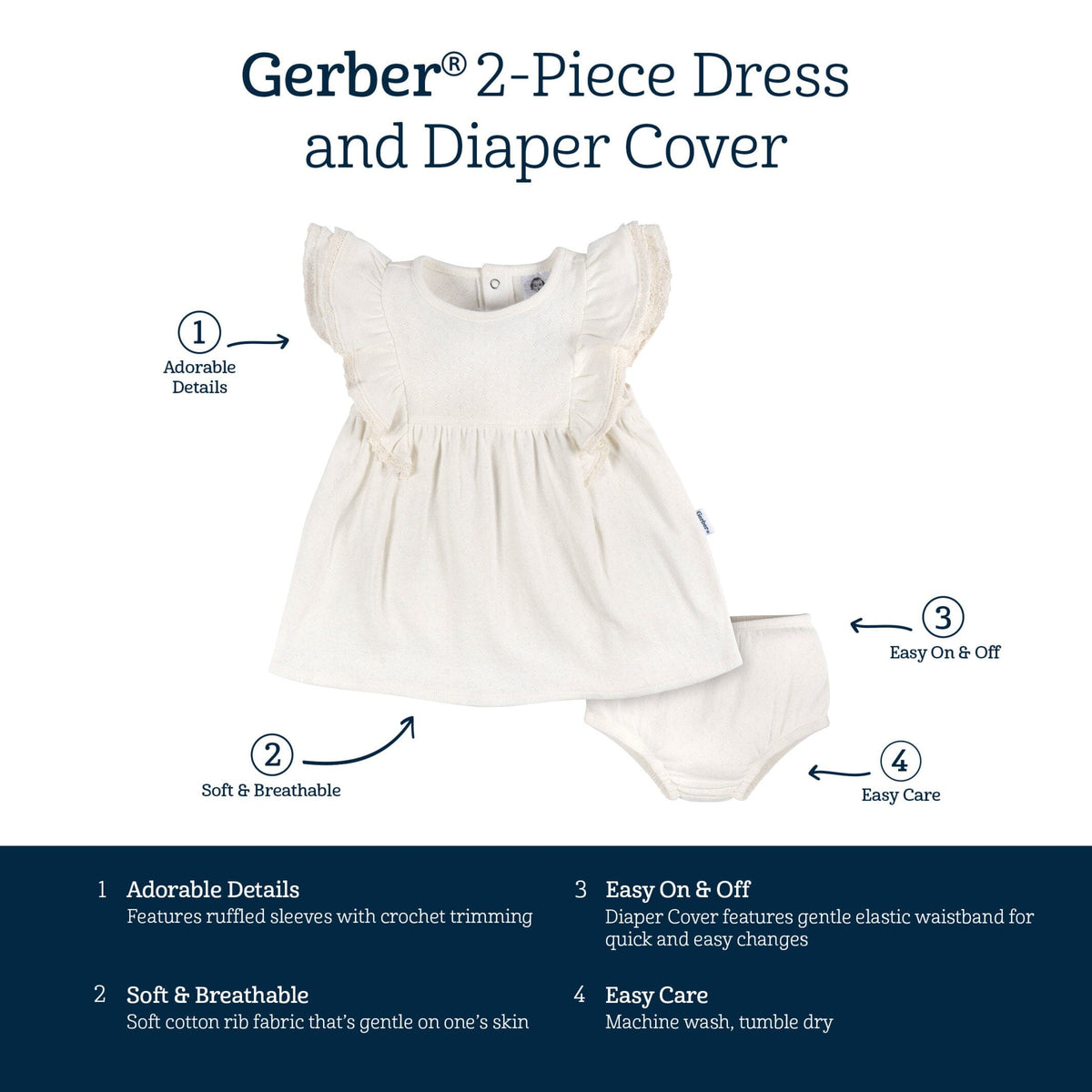 2-Piece Baby Girls Ivory Dress & Diaper Cover