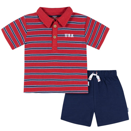 2-Piece Infant & Toddler Boys Red & Blue Stripe Polo Shirt and Shorts Set