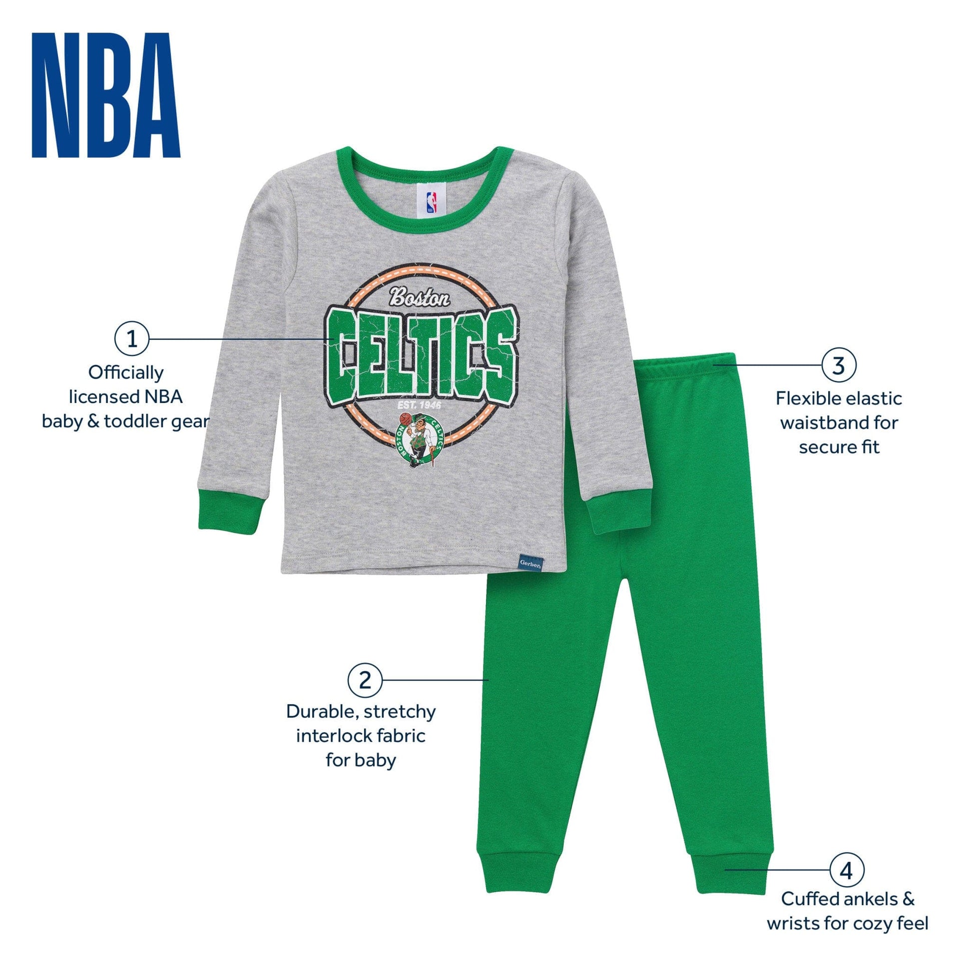 2-Piece Infant & Toddler Neutral Boston Celtics Snug Fit Pajamas Sleepwear Gerber® 