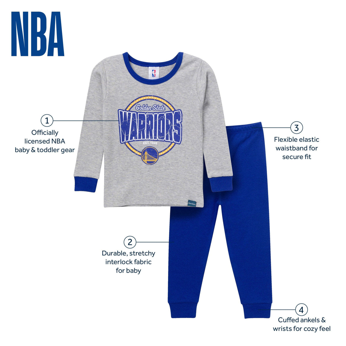 2-Piece Infant & Toddler Neutral Golden State Warriors Snug Fit Pajamas Sleepwear Gerber® 