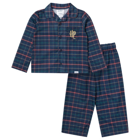 2-Piece Infant & Toddler Neutral Hogwarts Navy Plaid Button Up Pajamas