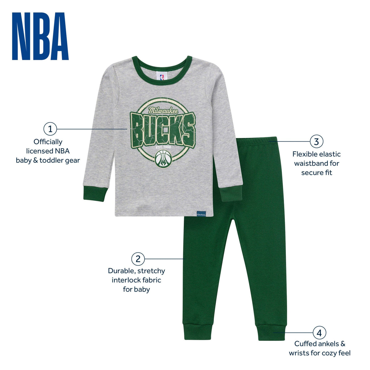 2-Piece Infant & Toddler Neutral Milwaukee Bucks Snug Fit Pajamas Sleepwear Gerber® 
