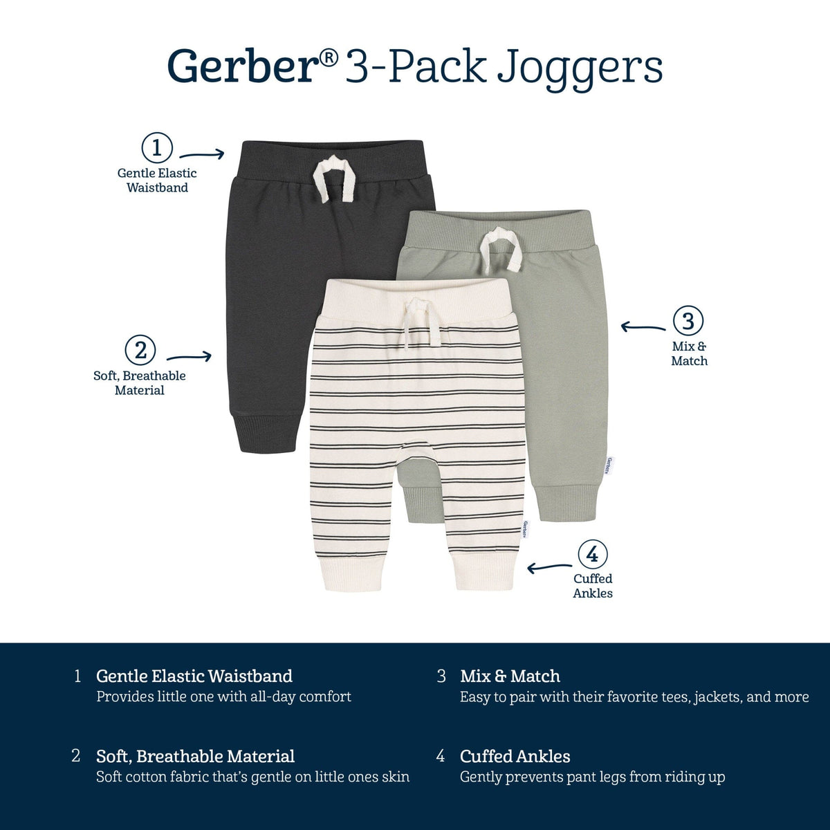 3-Pack Baby & Toddler Boys Wrought Iron Jogger Pants Pants & Bottoms Gerber® 
