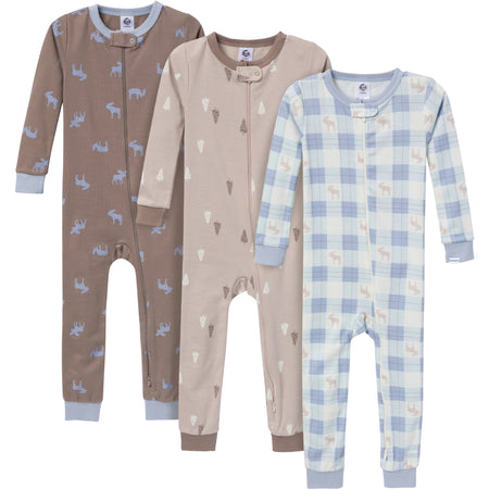 3-Pack Baby & Toddler Neutral Moose & Trees Snug Fit Footless Pajamas