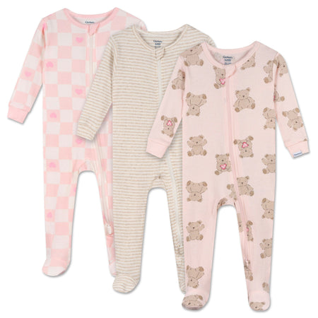 3-Pack Baby & Toddler Girls Bears Snug Fit Footed Pajamas