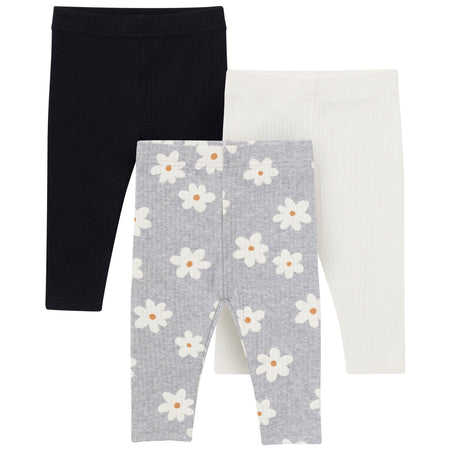3-Pack Baby & Toddler Girls Gray Flowers, Cream and Black Ribbed Leggings