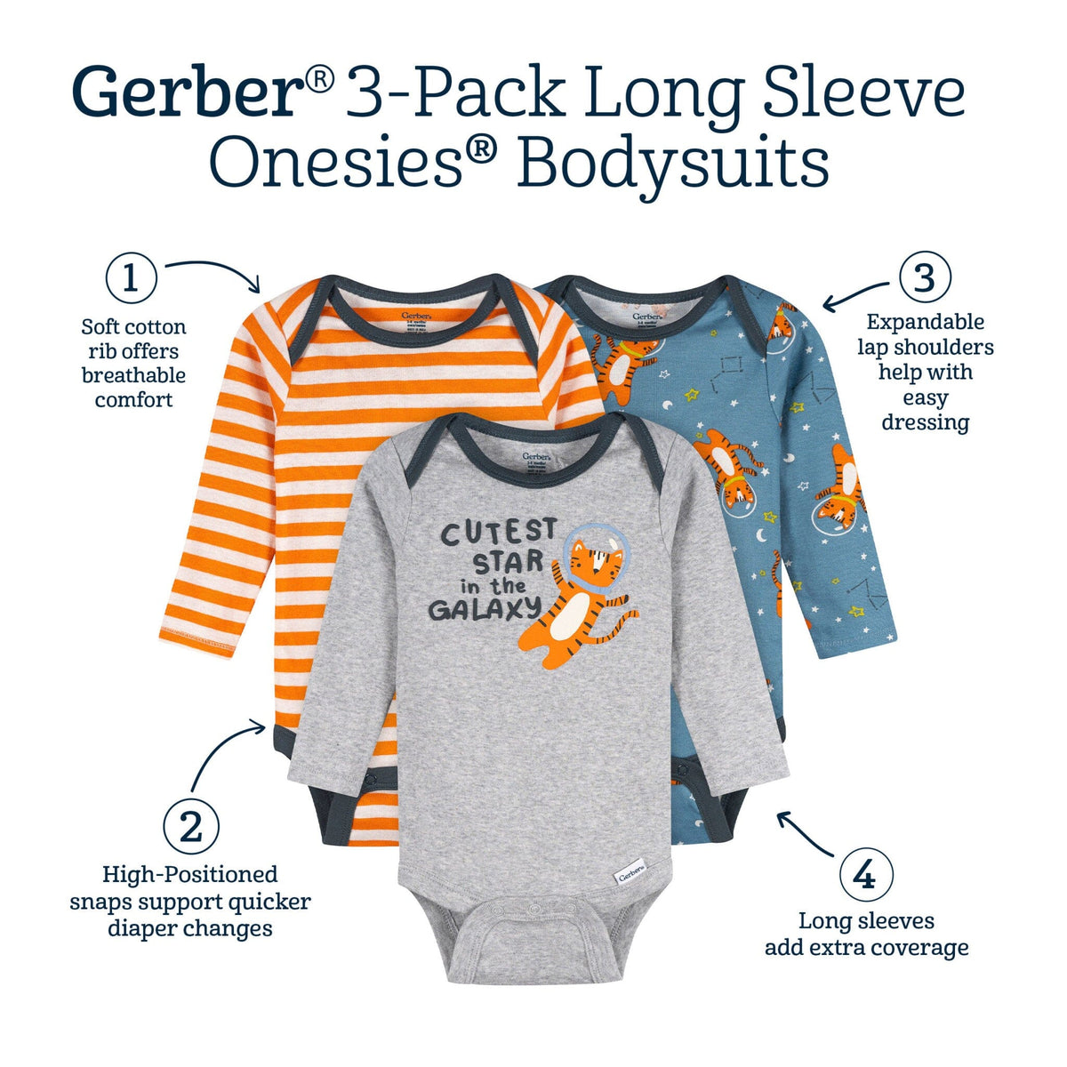3-Pack Baby Boys Cueste Star Long Sleeve Onesies® Bodysuits Onesies Bodysuits Gerber® 
