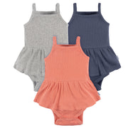 3-Pack Baby Girls Coral, Gray, & Navy Sleeveless Skirted Onesies® Bodysuits