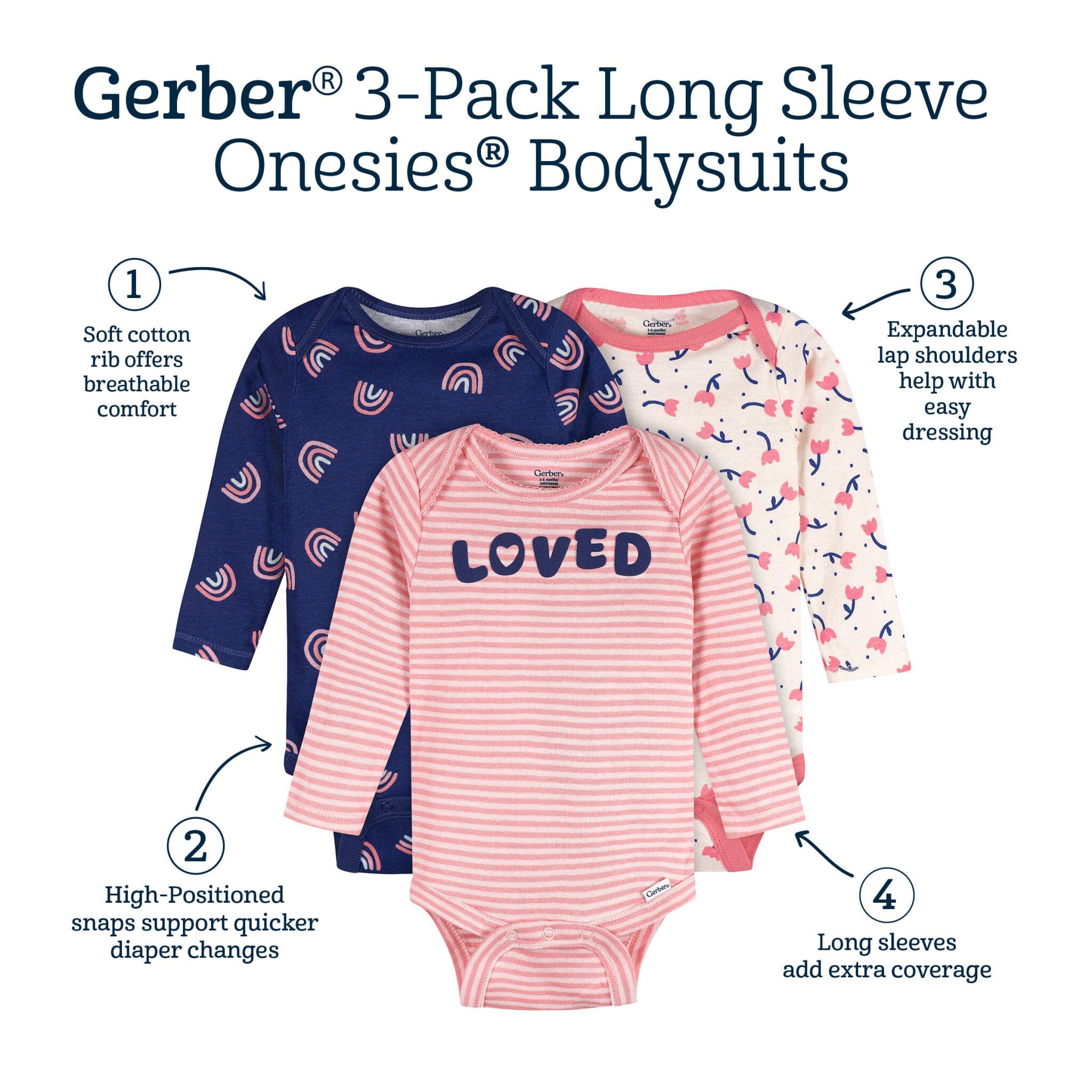3-Pack Baby Girls Loved Long Sleeve Onesies® Bodysuits Onesies Bodysuits Gerber® 