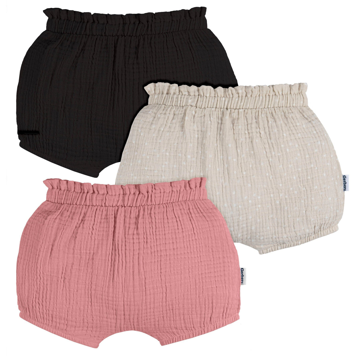 3-Pack Baby Girls Pink/Dot/Black Gauze Bubble Short