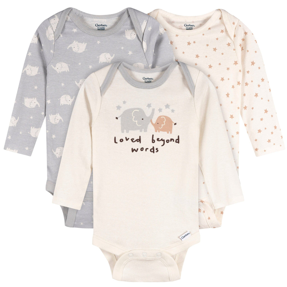 3-Pack Baby Neutral Elephant Love Long Sleeve Onesies® Bodysuits onesies Gerber® 