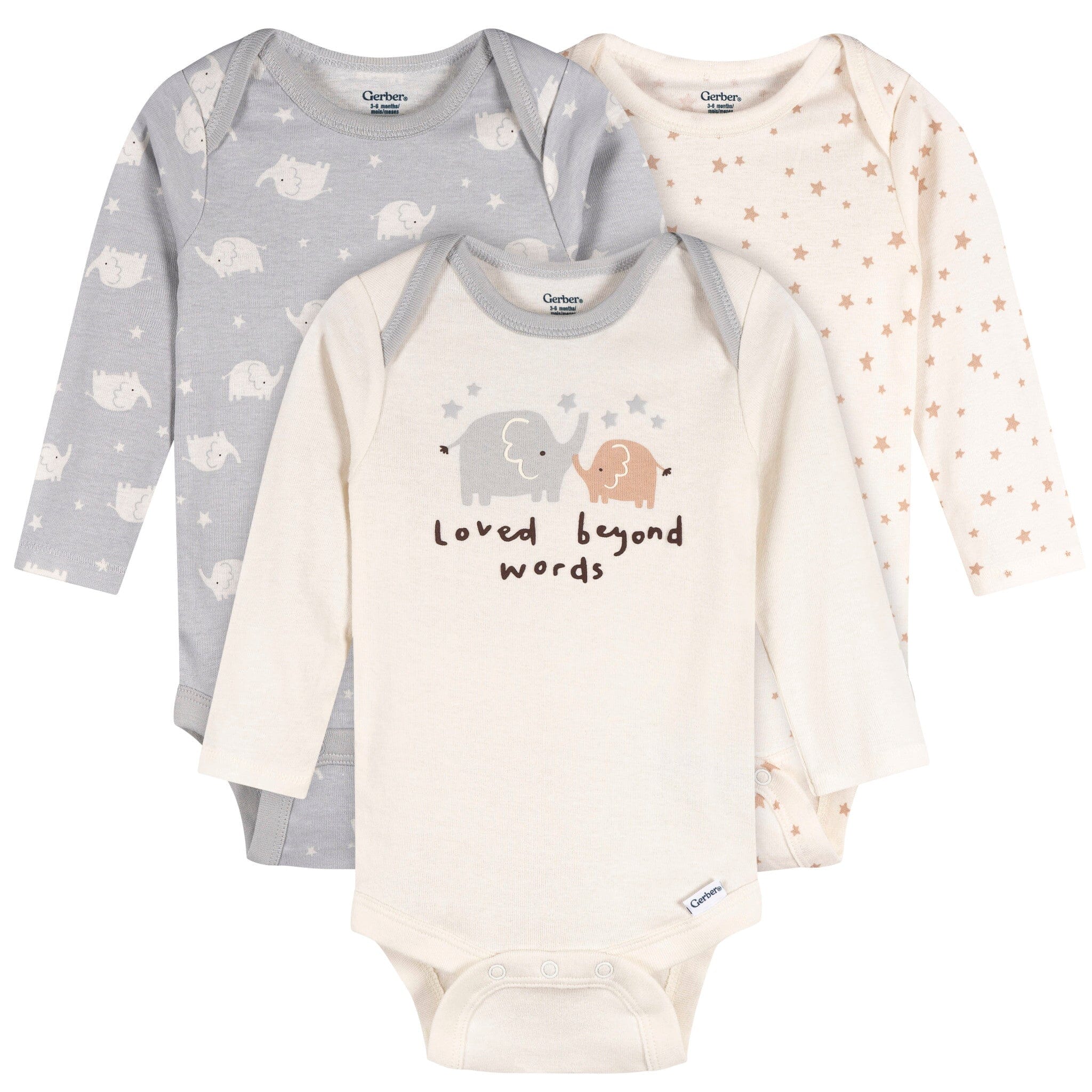 3-Pack Baby Neutral Elephant Love Long Sleeve Onesies® Bodysuits onesies Gerber® 