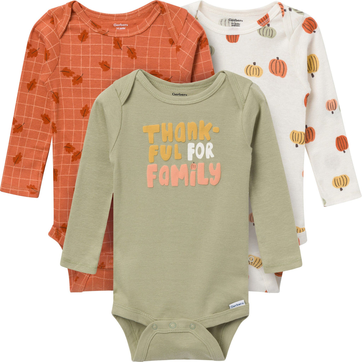 3-Pack Baby Neutral Thankful Long Sleeve Onesies® Bodysuits Onesies Bodysuits Gerber® 