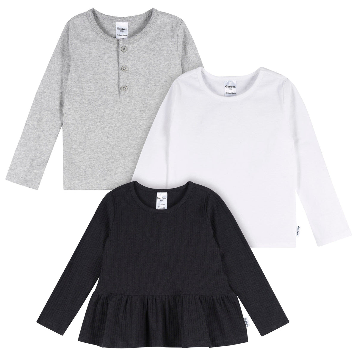 3-Pack Infant & Toddler Girls Black/White/Grey Long Sleeve Shirts Tops Gerber® 