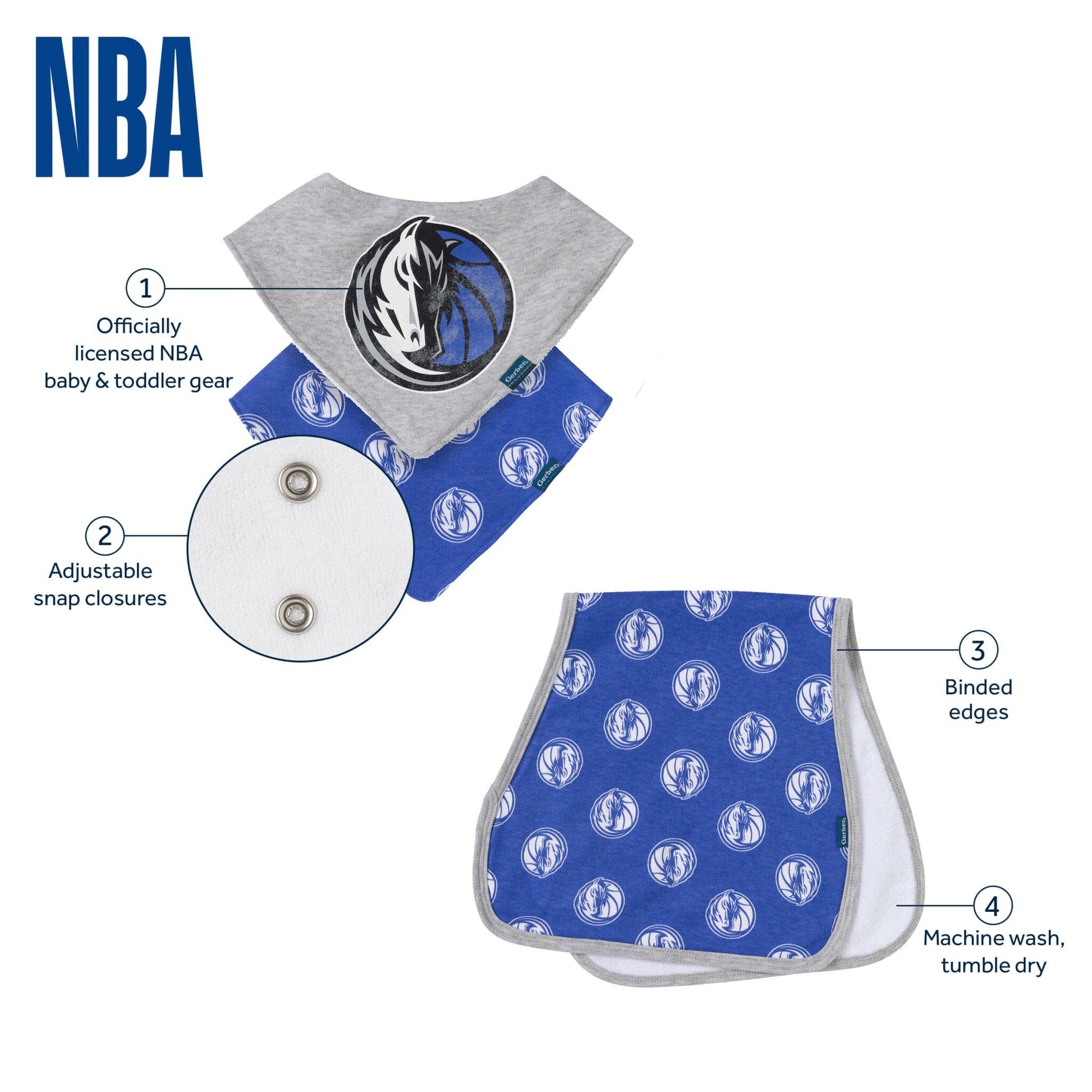 3-Piece Baby Neutral Dallas Mavericks Bandana Bib and Burp Cloth Set Accessories Gerber® 