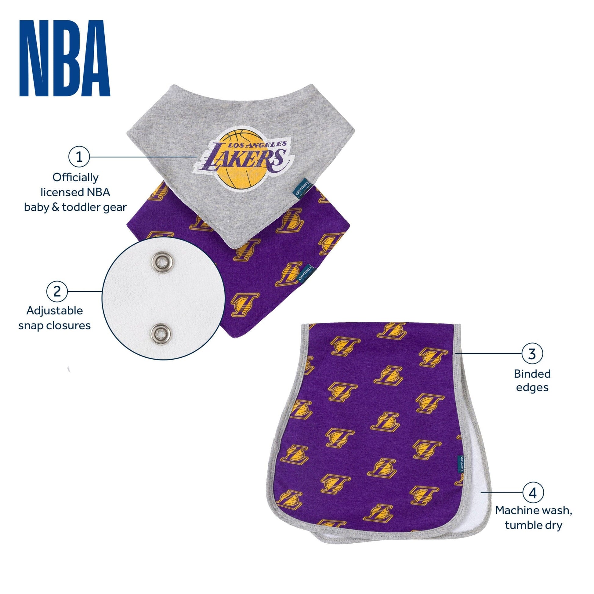 3-Piece Baby Neutral Los Angeles Lakers Bandana Bib and Burp Cloth Set Accessories Gerber® 