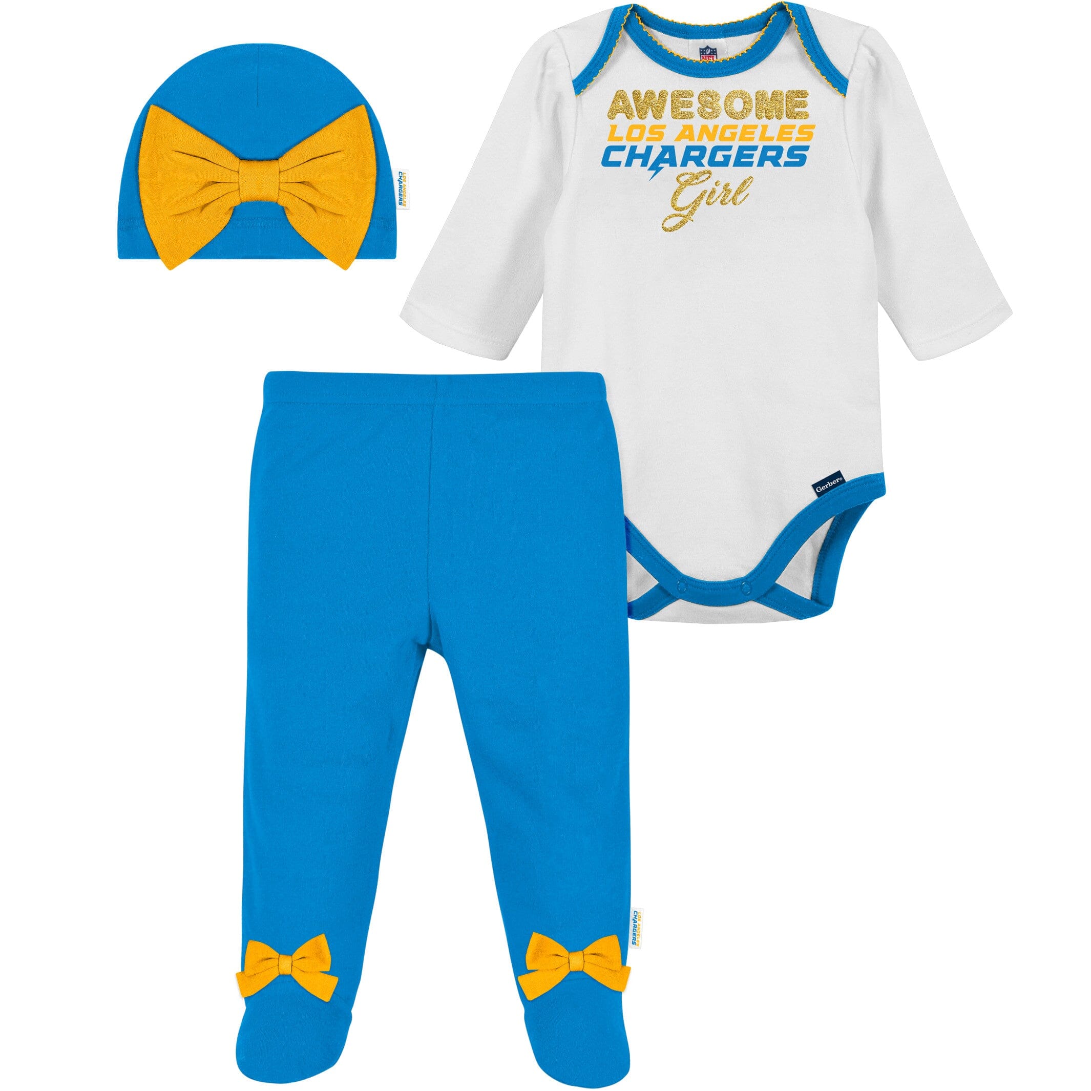 3-Piece Baby Girls Chargers Bodysuit, Footed Pant, & Cap Set