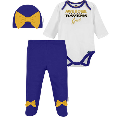 3-Piece Baby Girls Baltimore Ravens Bodysuit, Footed Pant, & Cap Set